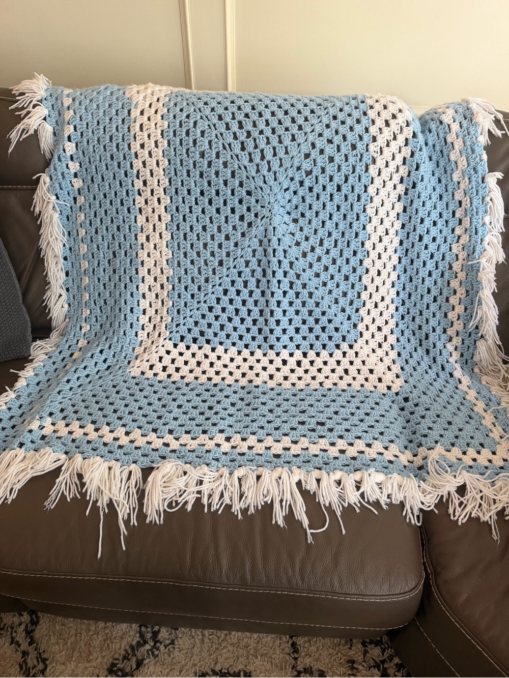 Vintage Blue & Cream Granny Square Crochet Afghan Fringe Throw Blanket
